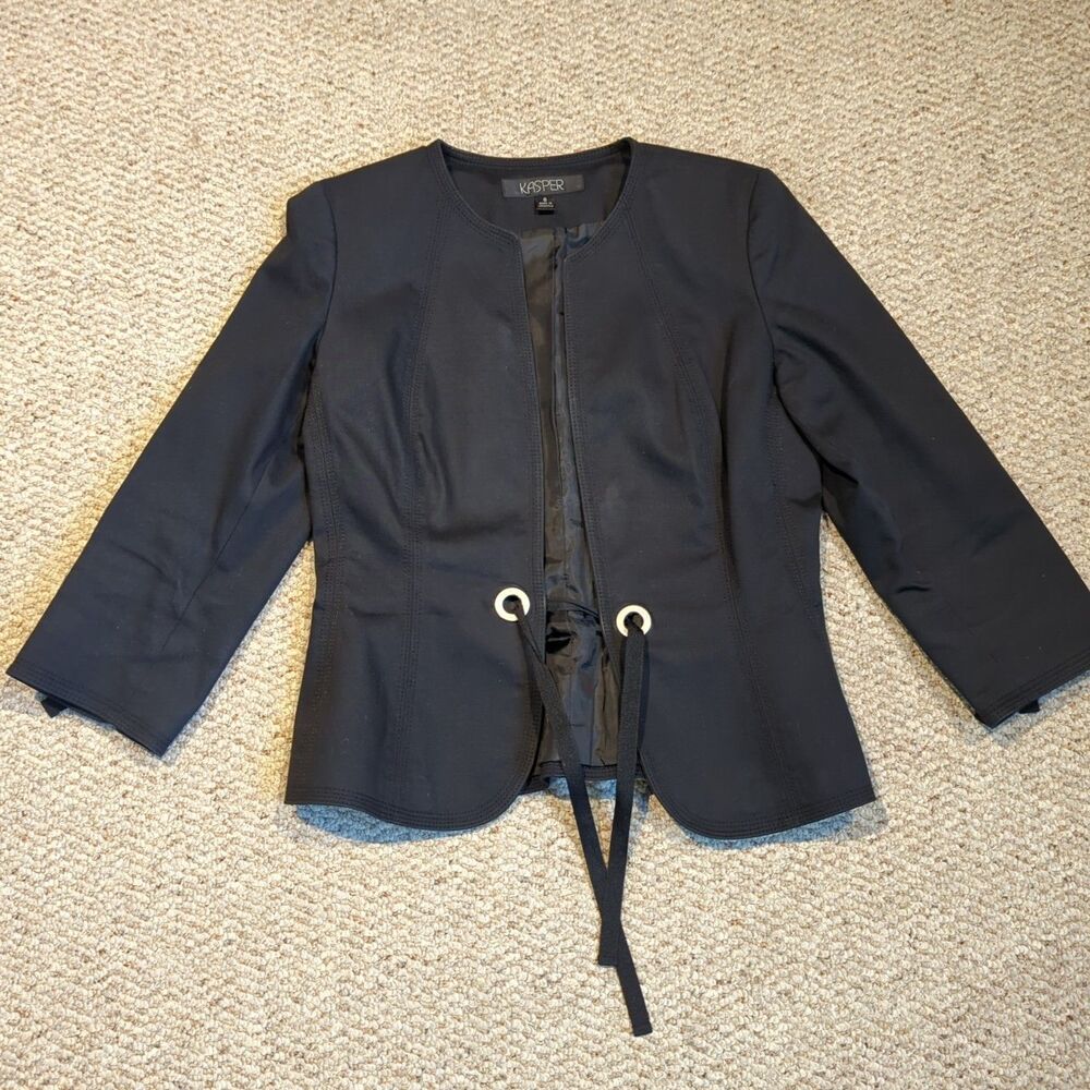 Kasper Blazer Jacket Womens 6 Black Tie Front Grommet Office Career Business